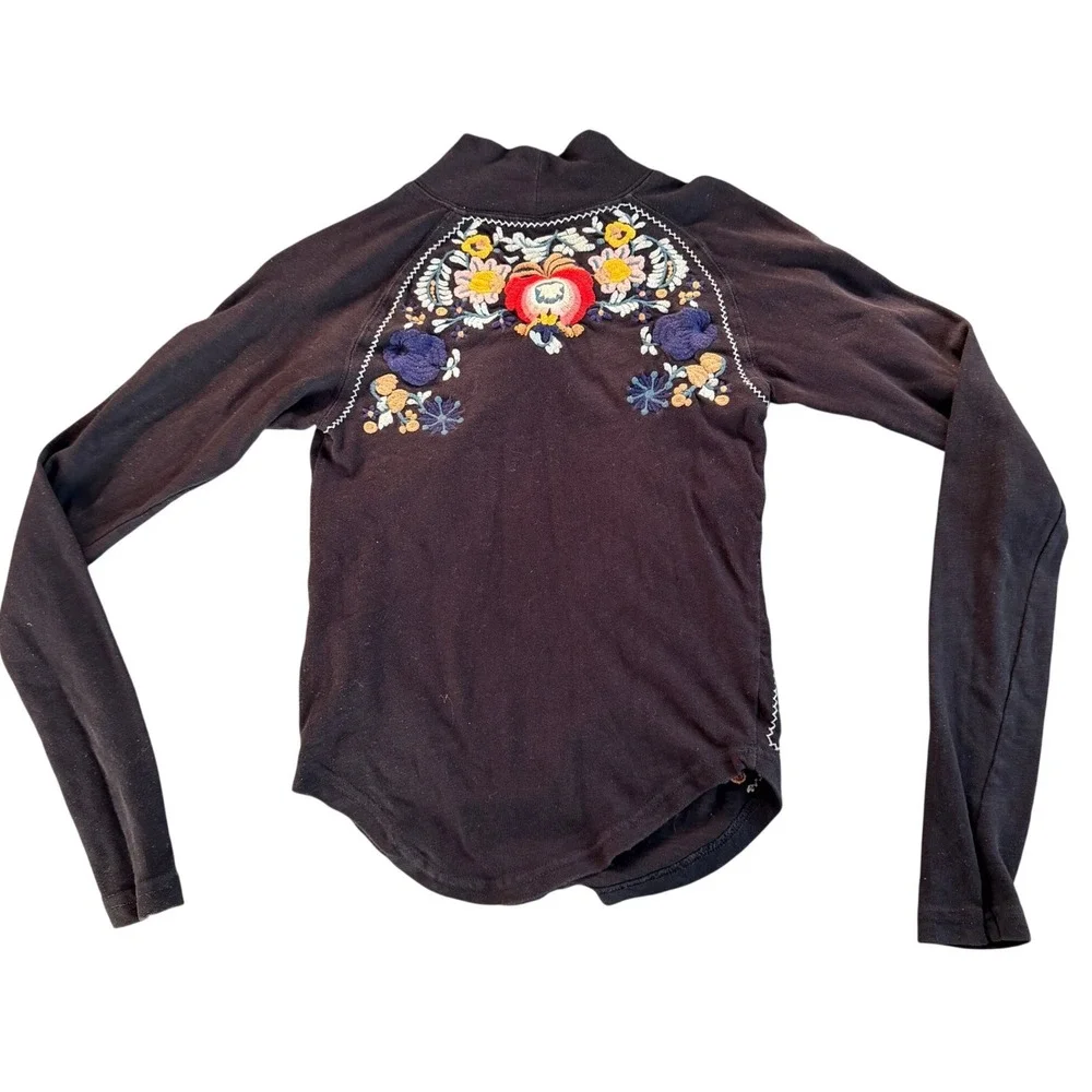 Free People Disco Rose Mock‎ Neck Top Womens Small Black Floral Embroidered Boho